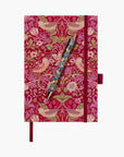 Strawberry Thief A5 Notebook Hard Cover with Pen - Raspberry with Indigo Pen