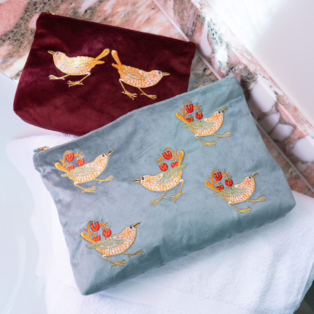 Strawberry Thief Embroided Velvet Pouch, Large