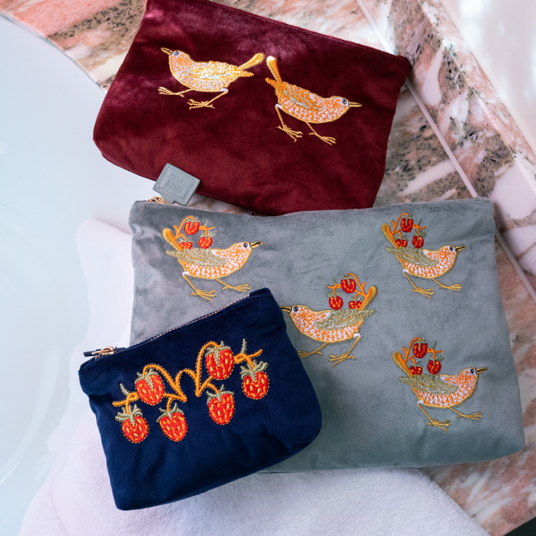 Strawberry Thief Embroided Velvet Pouch, Large